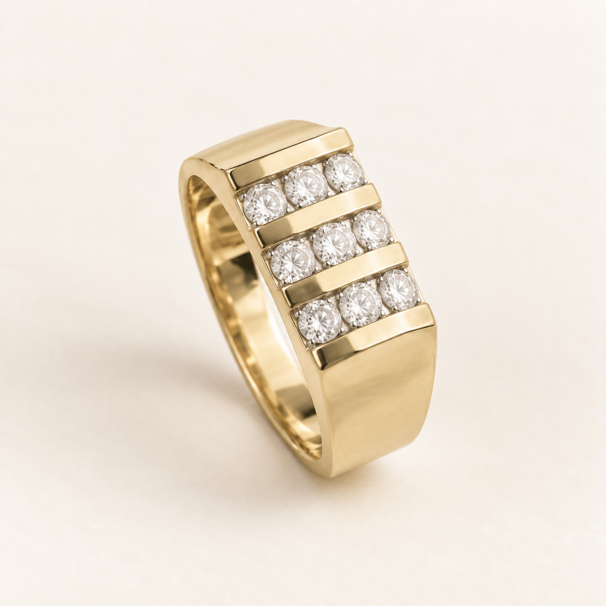 R 649 men's gold ring with three rows of three diamonds