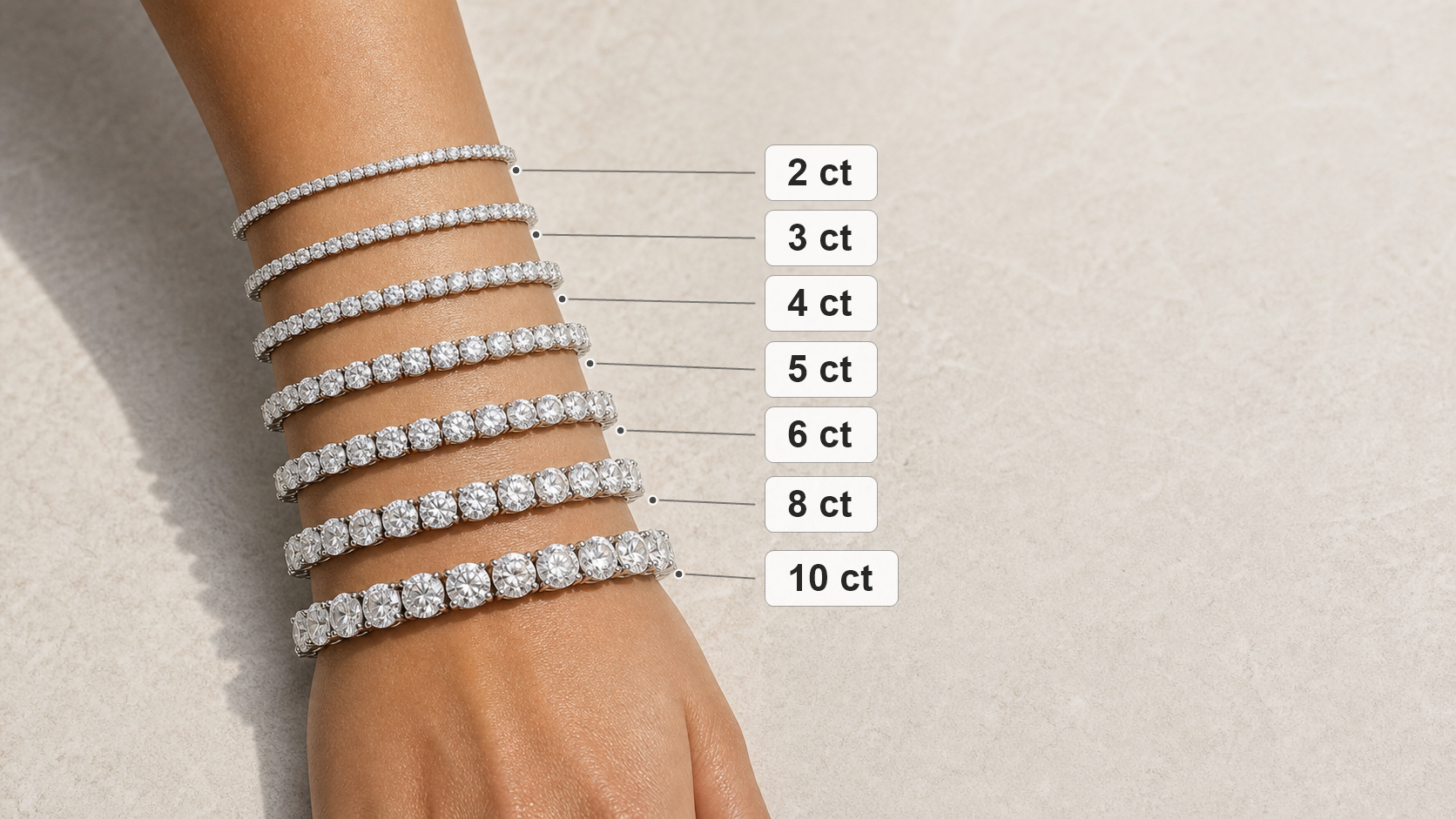 Diamond tennis bracelet total carat weight scale guide on wrist