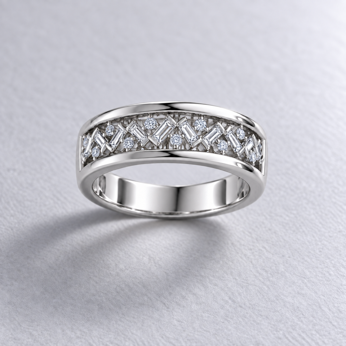 White gold baguette and round diamond band
