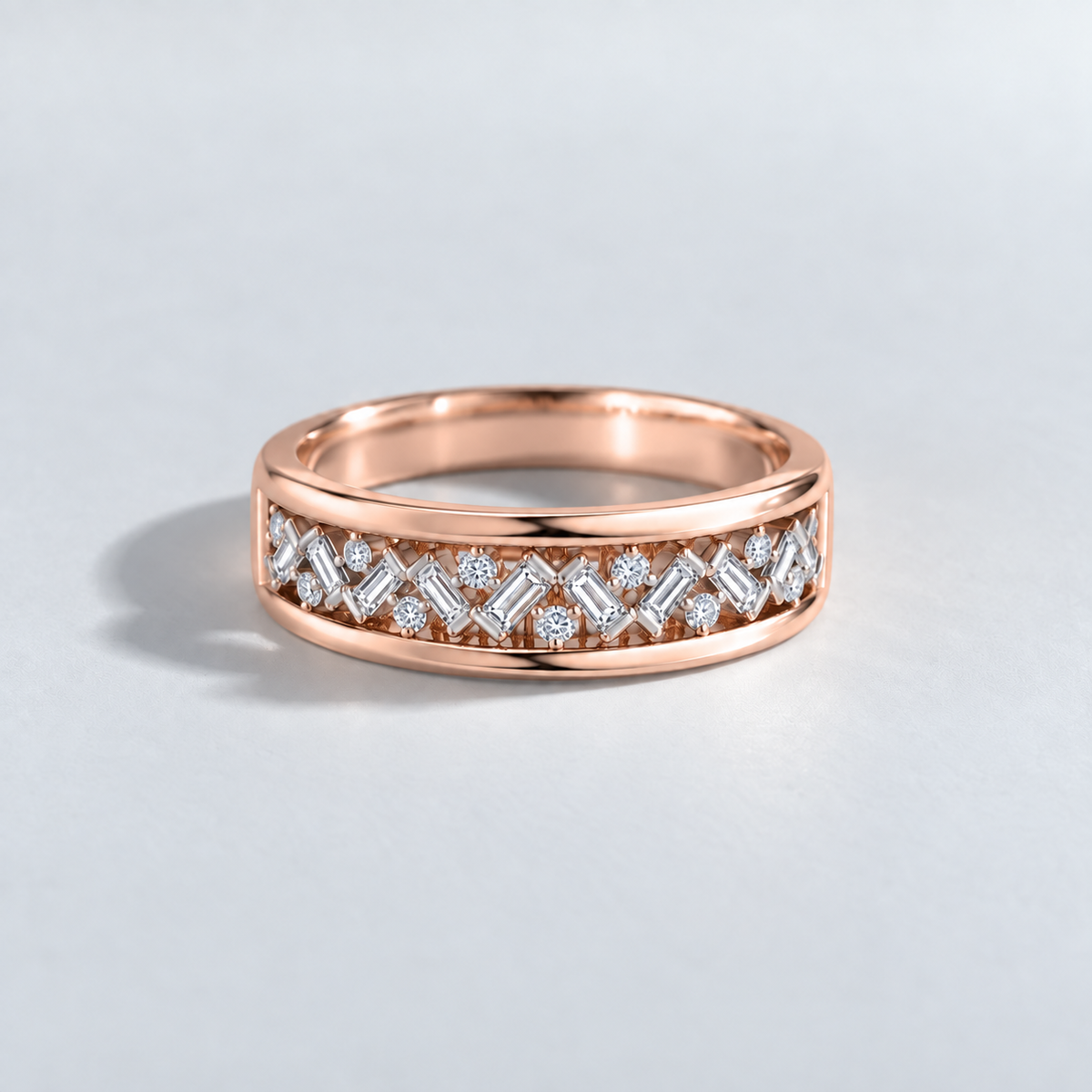Bague à diamants baguettes et ronds en or rose