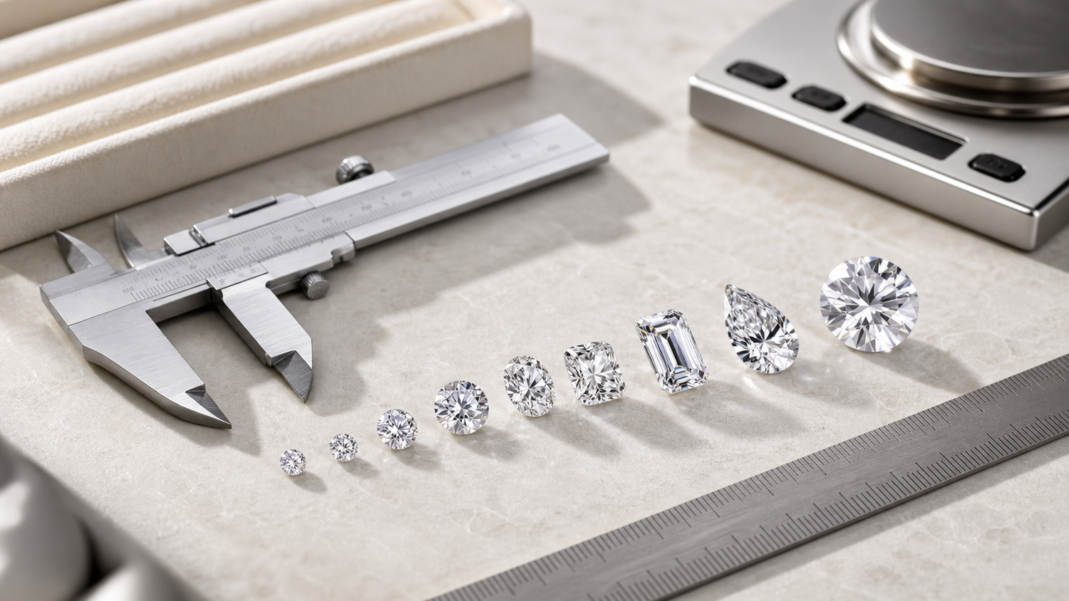 Diamond size chart with carat and millimetre measurement tools by Atelier RMR Montreal