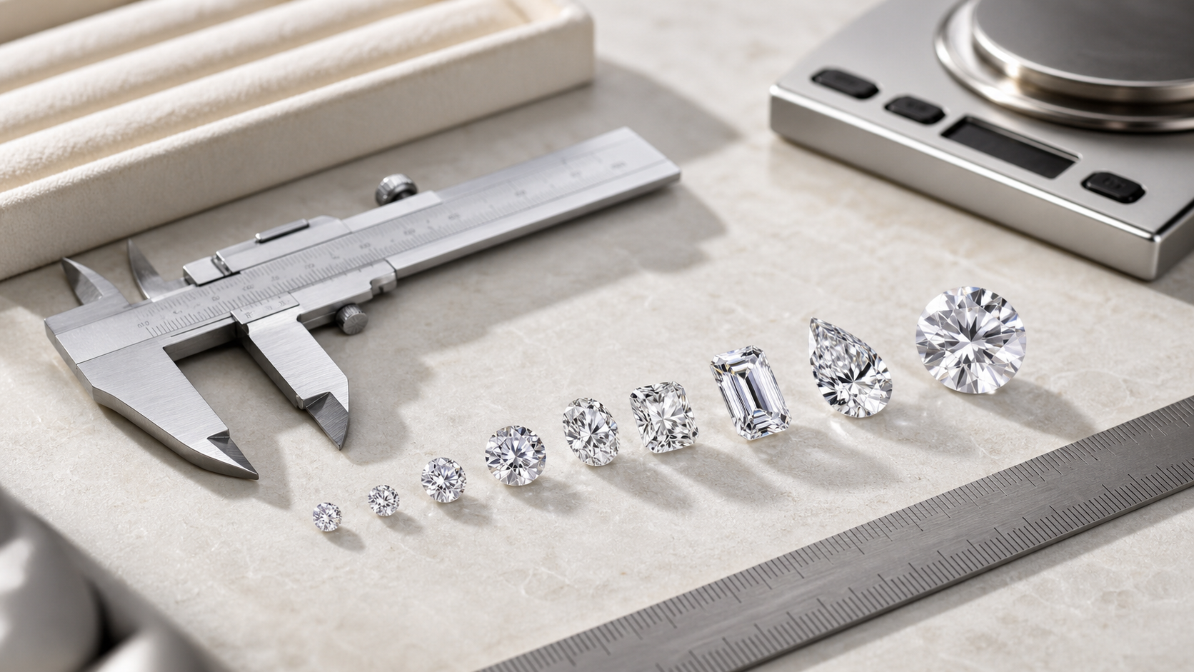 Diamond size chart with carat and millimetre measurement tools by Atelier RMR Montreal