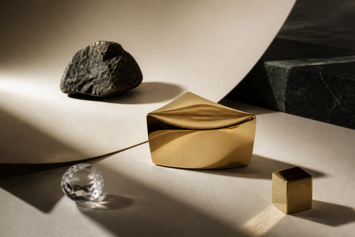 Editorial still life with polished gold, faceted crystal, and raw material forms