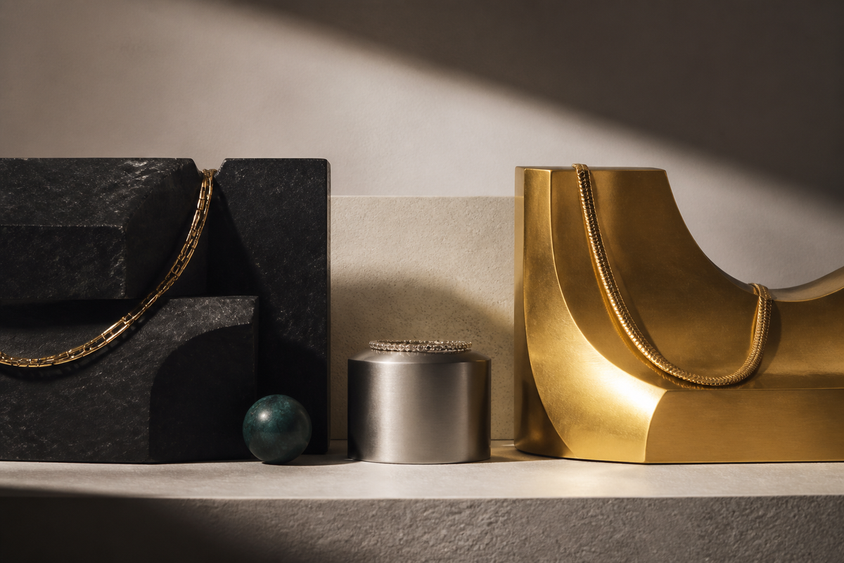 Editorial still life with a muted central form compressed between dark and gold sculptural forms
