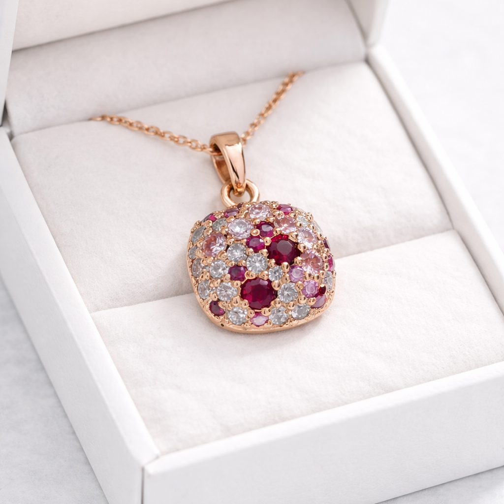Rose gold necklace with gemstones in a white jewelry box