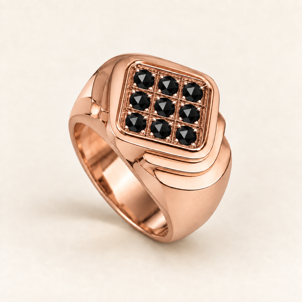 R 122 — diamants noirs traités, monture et sertissage en or rose