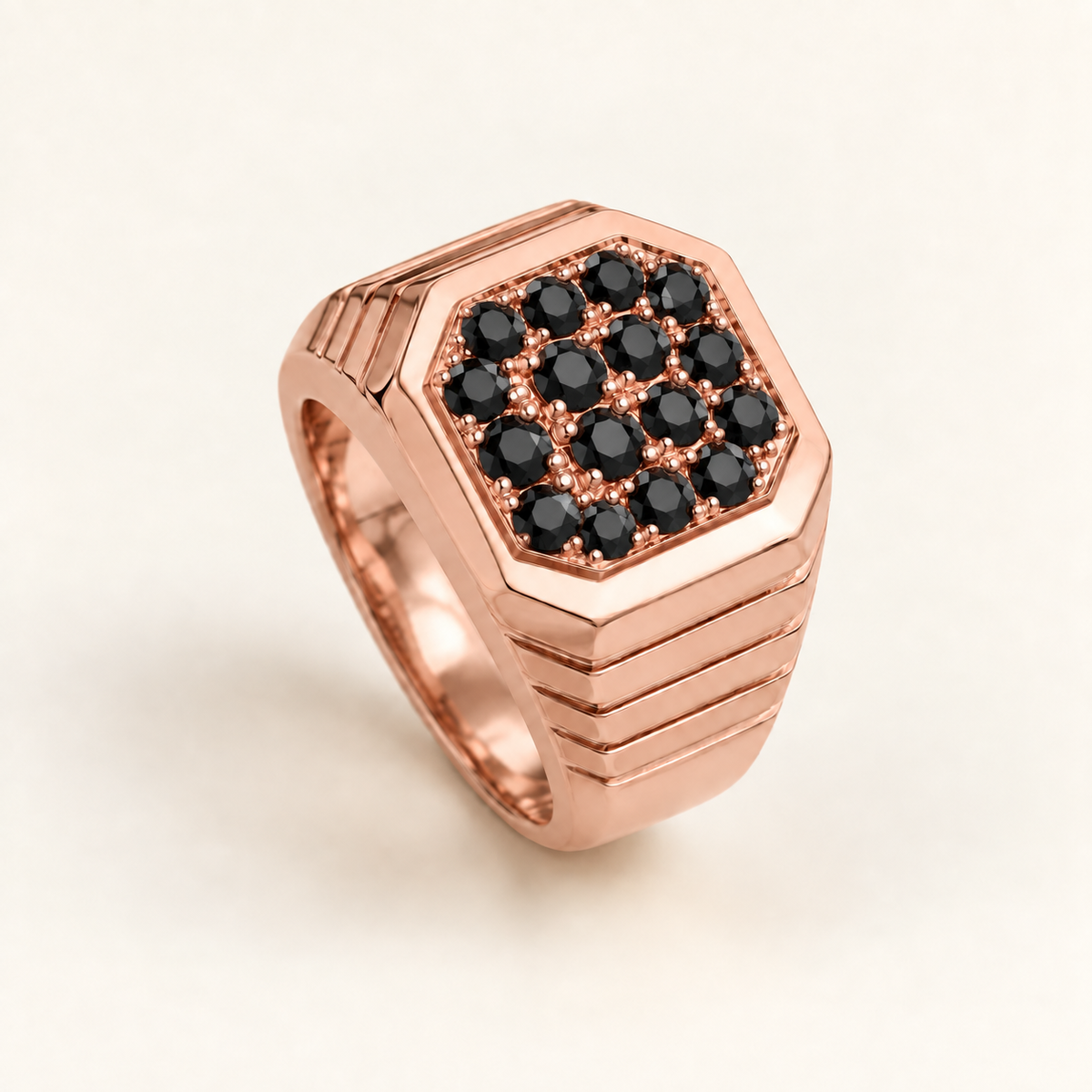 R 309 — diamants noirs traités, monture et sertissage en or rose