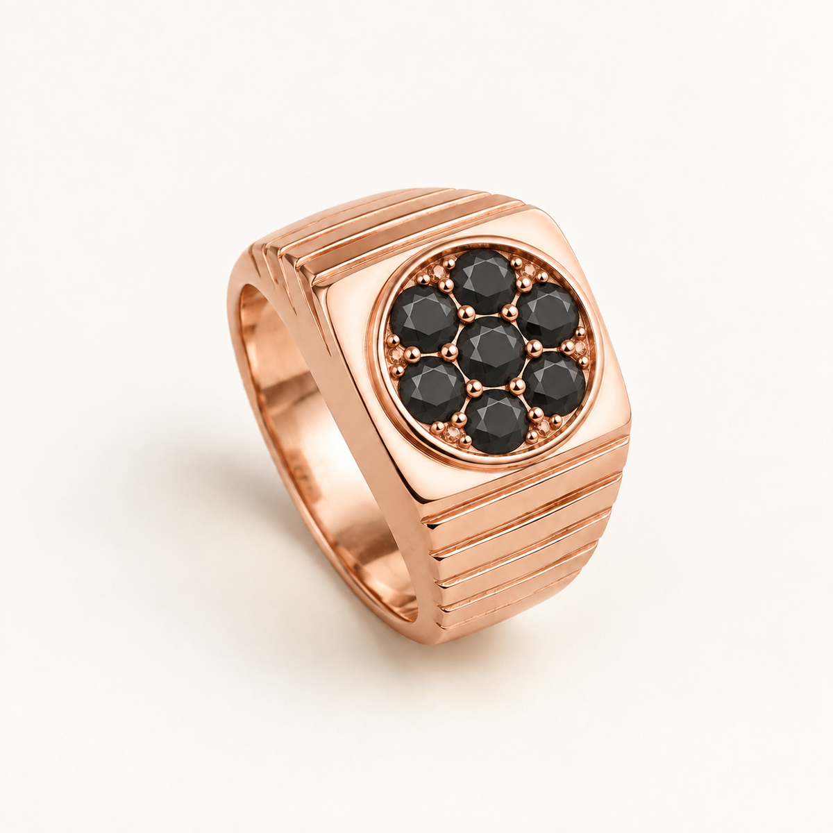 R 334 — diamants noirs traités, monture et sertissage en or rose