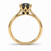 R4210 round solitaire, treated natural black diamonds, yellow gold, four small accents beneath the centre