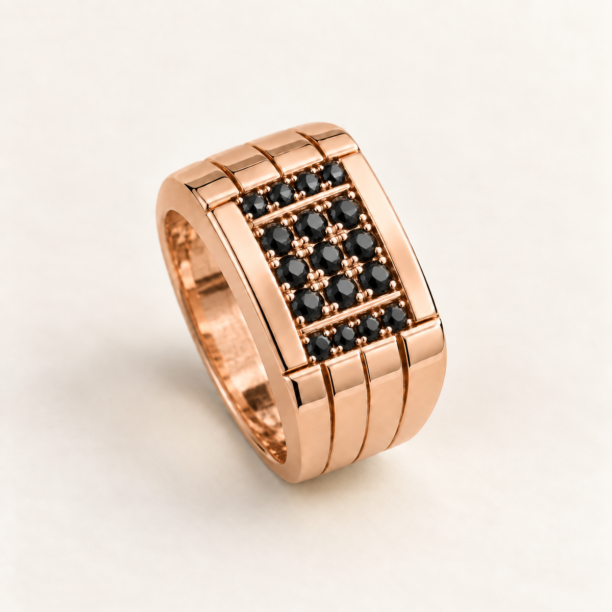 R 696 — diamants noirs traités, monture et sertissage en or rose