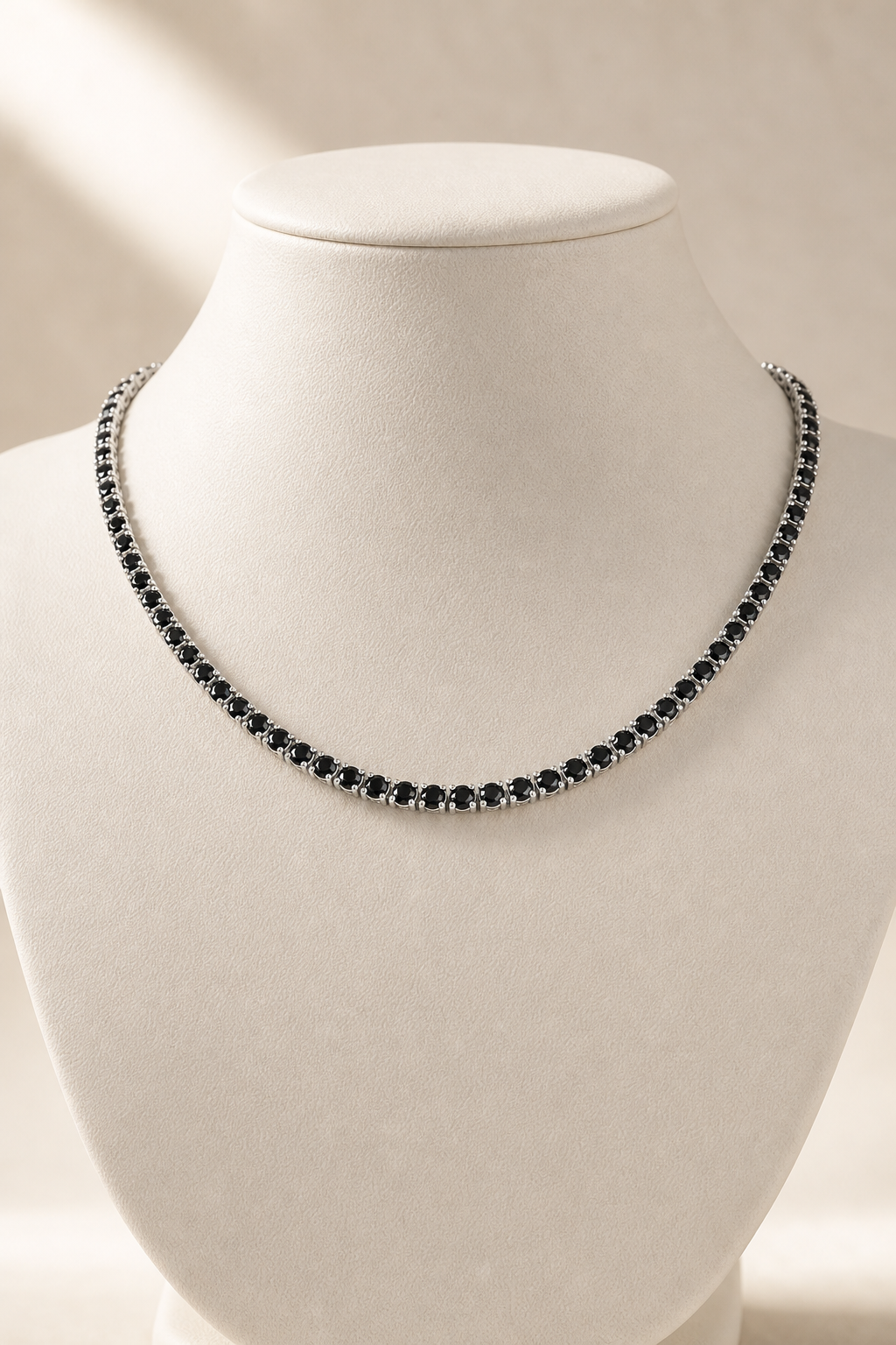 Black diamond tennis necklace in 14K white gold