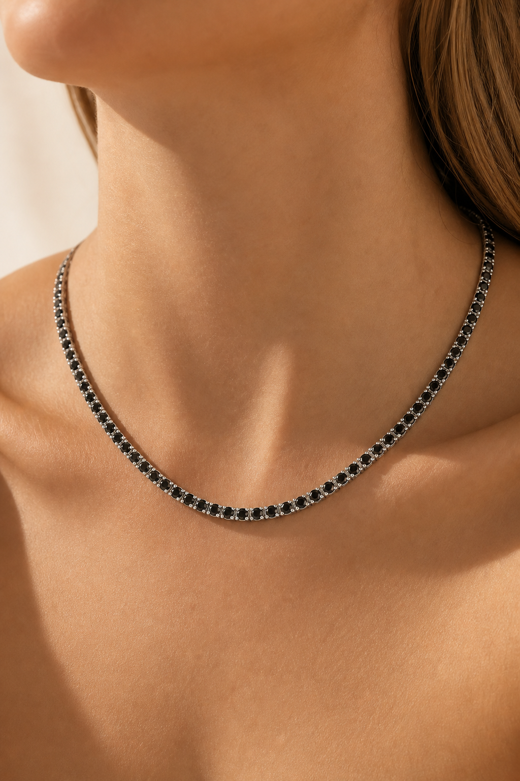 Worn black diamond tennis necklace in 14K white gold