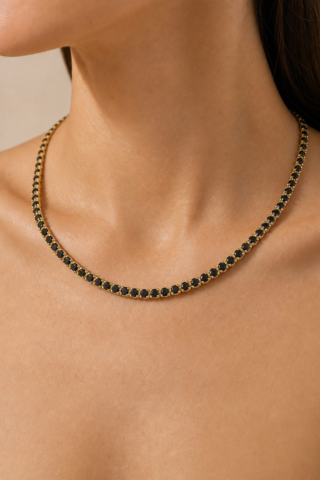 Worn black diamond tennis necklace in 14K yellow gold