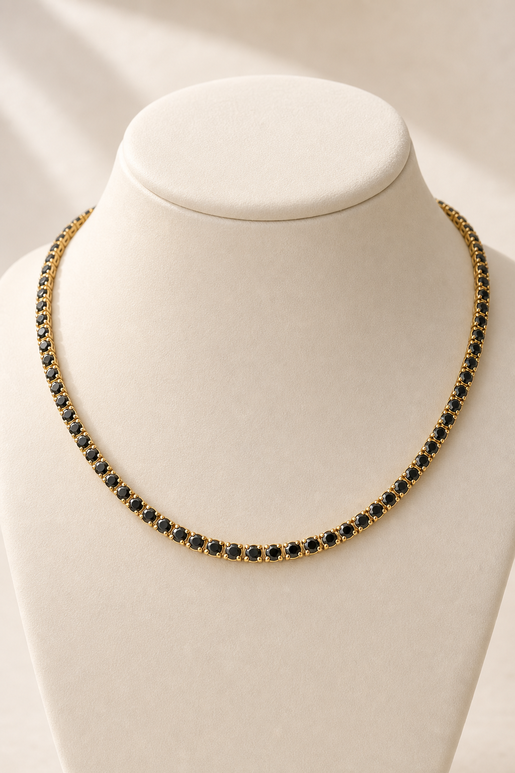 Black diamond tennis necklace in 14K yellow gold