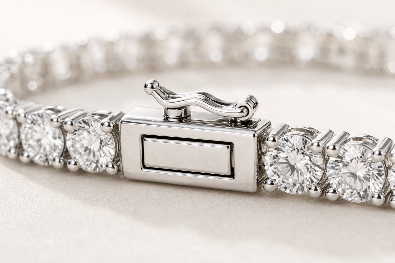 Detail du fermoir boite rectangulaire avec securite sur bracelet tennis en or blanc 14K