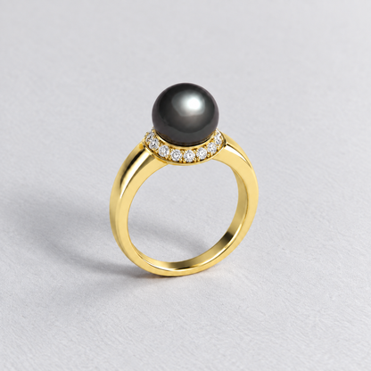 Bague en or avec perle de Tahiti et halo de diamants — vue détaillée 3