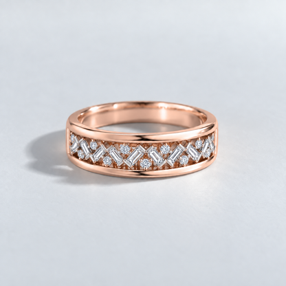 Bague à diamants baguettes et ronds en or rose